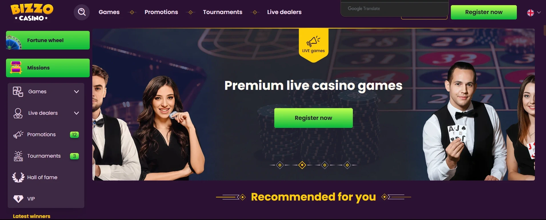 Live dealer casino games interface with real dealers and roulette table at Bizzo Casino