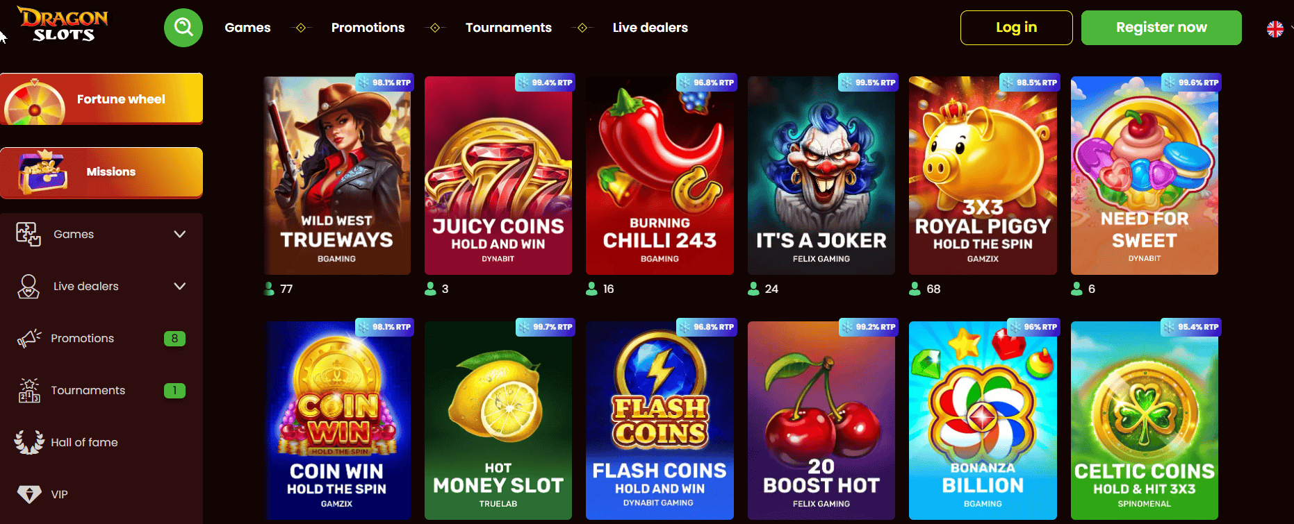Dragon Slots casino game lobby displaying slot games with RTP percentages and categories