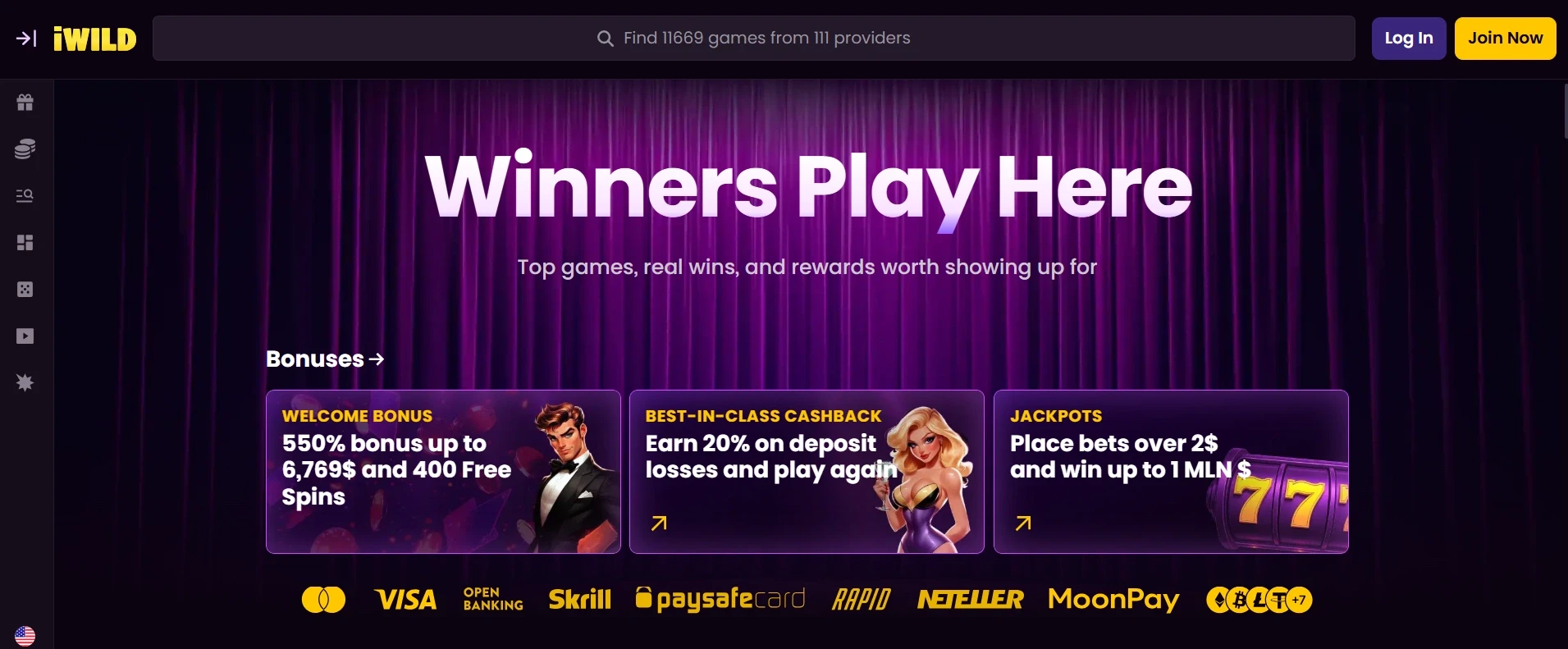 iWild online casino homepage with winners play here banner and bonus offers