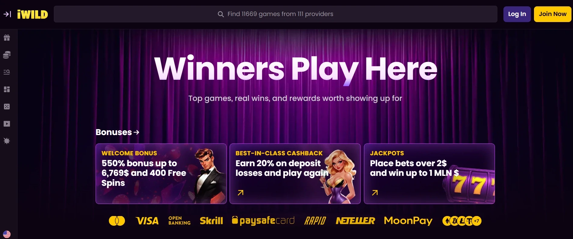 iWild online casino homepage with winners play here banner and bonus offers