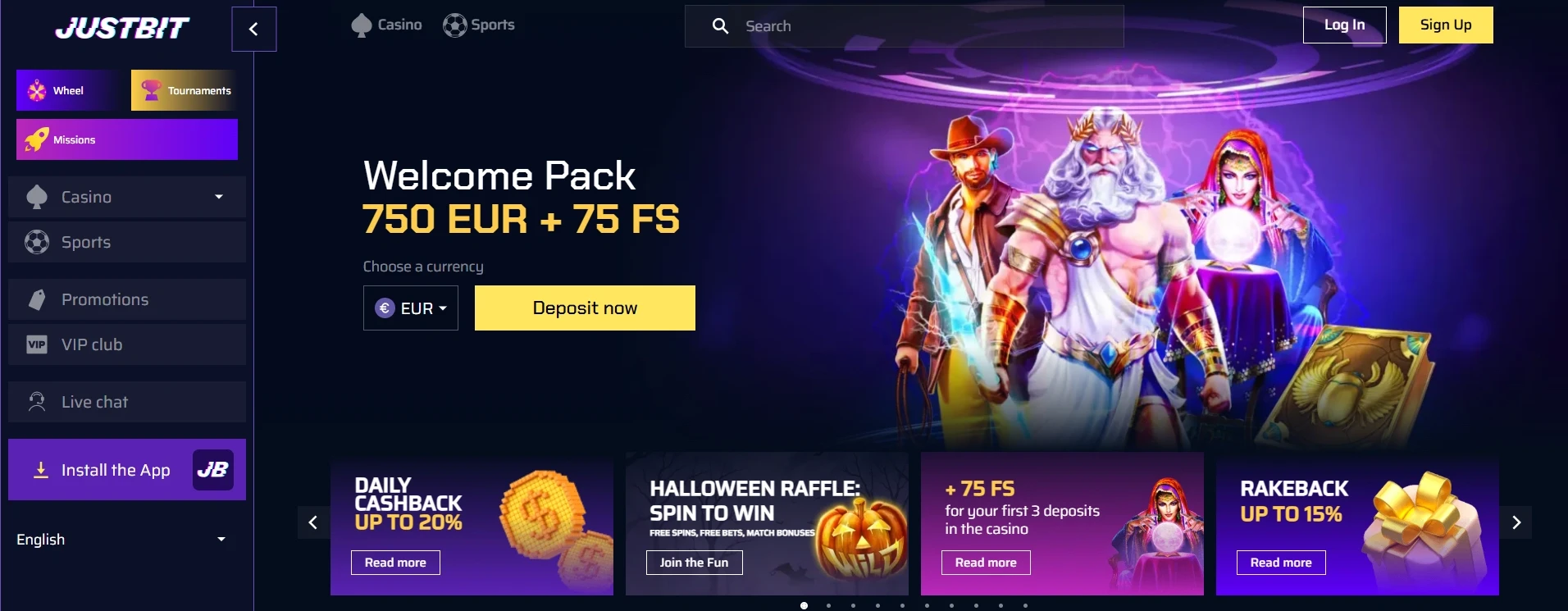 JustBit Casino welcome pack 750 EUR and 75 free spins for Irish players