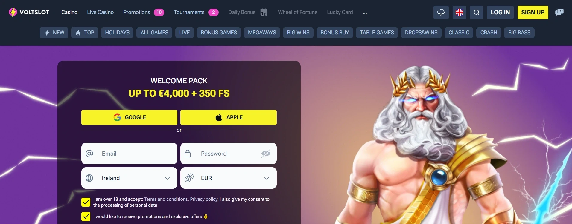 VoltSlot Casino sign-up bonus up to €4,000 and 350 free spins