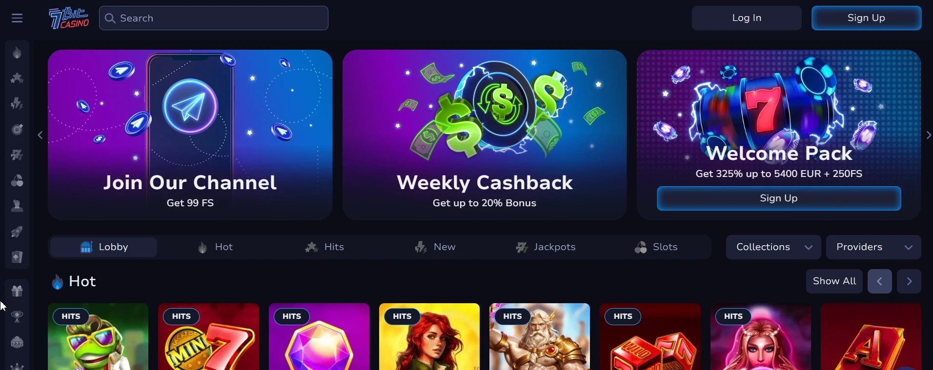 7Bit Casino interface with welcome bonus, weekly cashback and slot games lobby