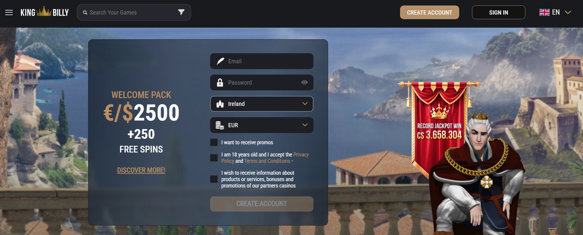 King Billy Casino welcome offer up to €2500 and 250 free spins