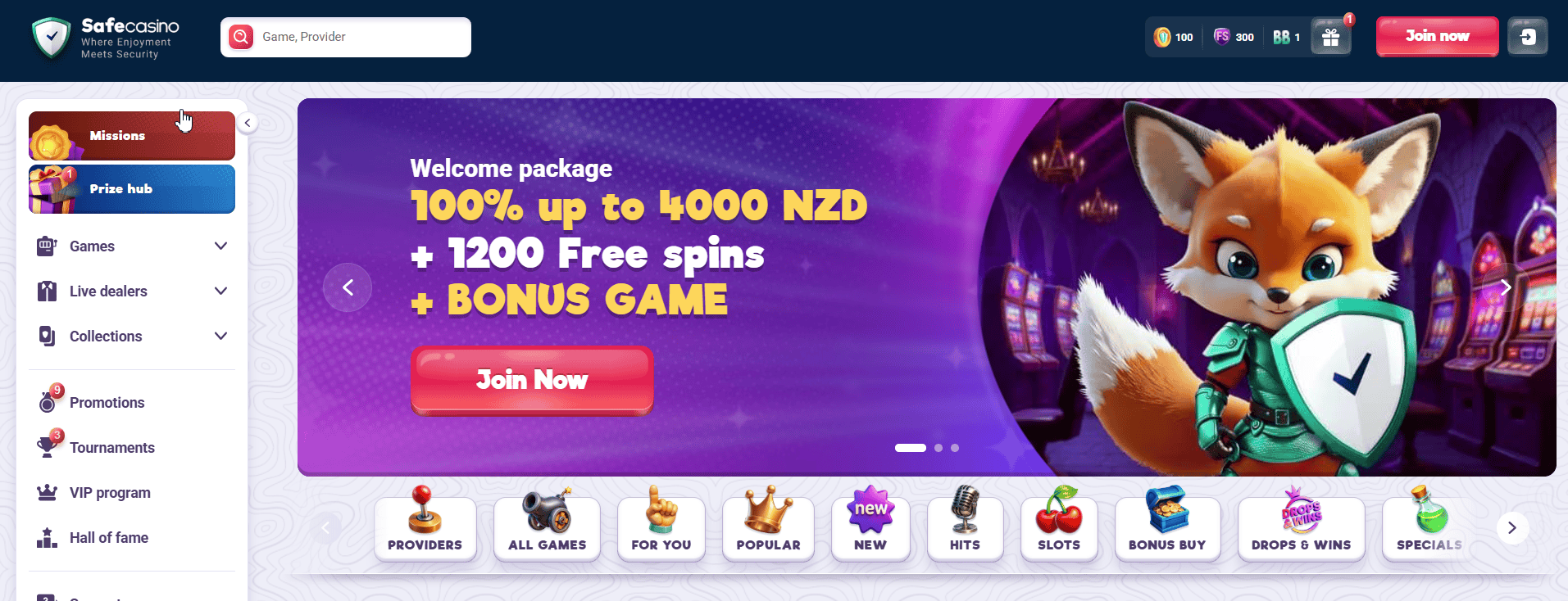Safecasino online casino NZ welcome package with bonus up to 4000 NZD and 1200 free spins on homepage
