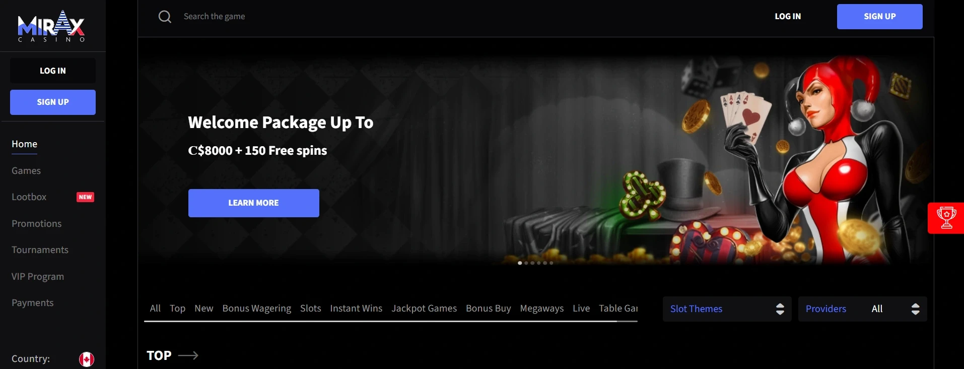 Screenshot of the main page of the Mirax online casino in Canada