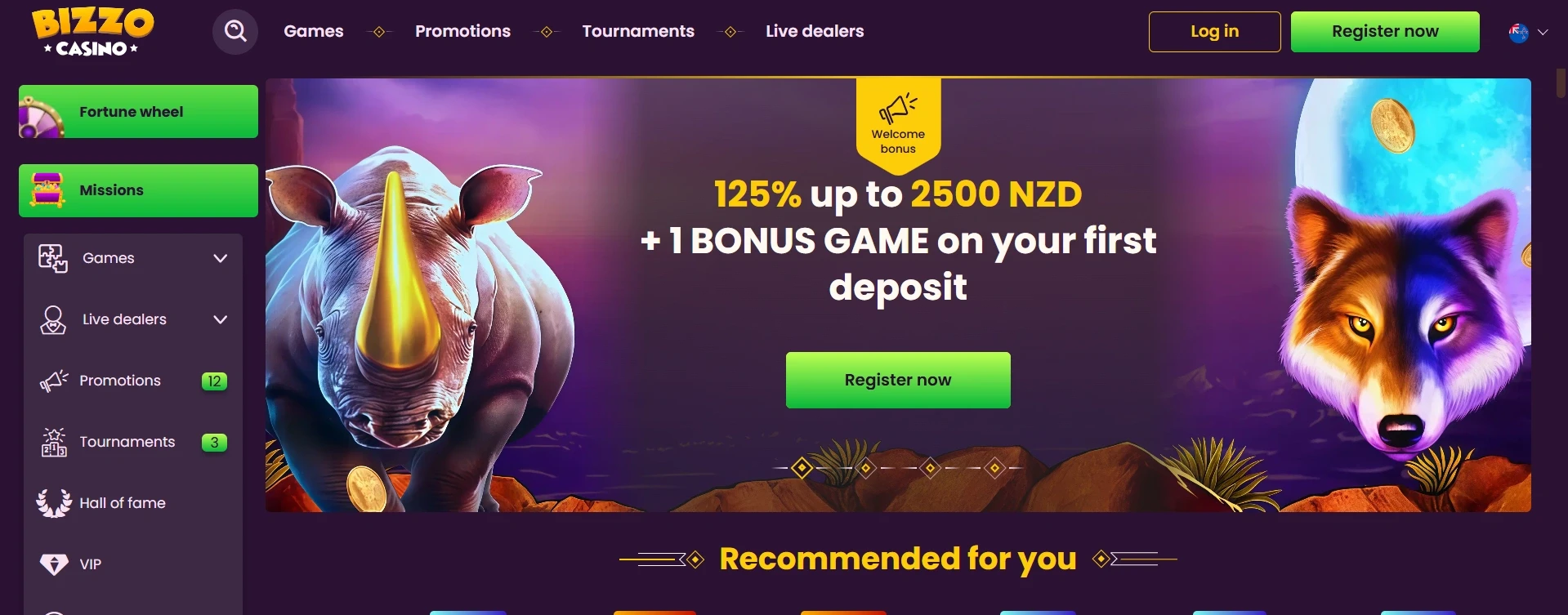 Bizzo Casino homepage with 125 percent welcome bonus and bonus game offer