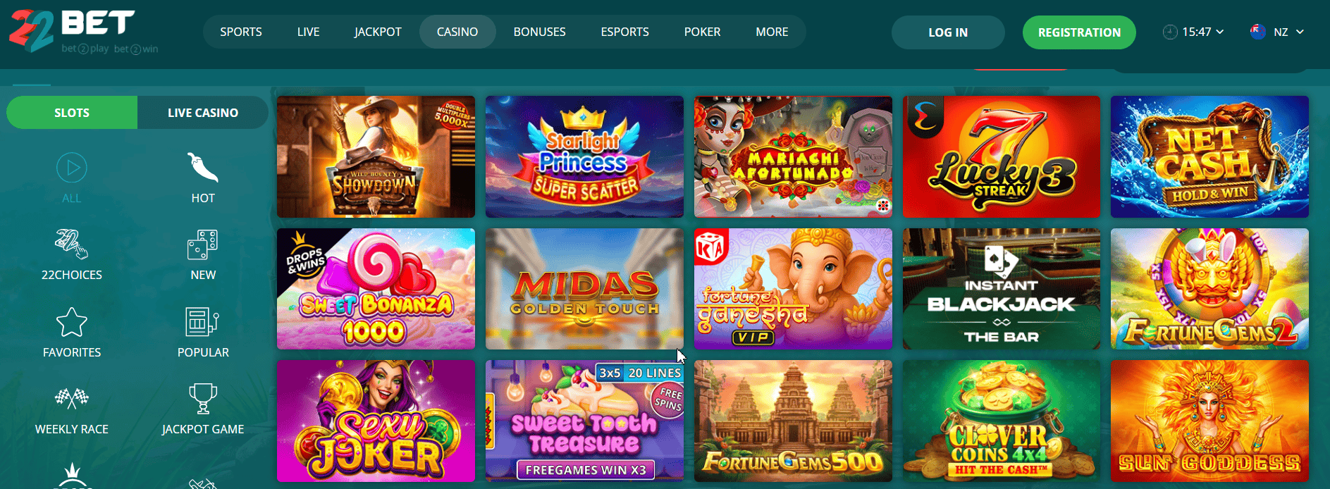 22Bet online casino NZ slots lobby with popular games including Sweet Bonanza and Midas Golden Touch