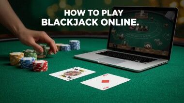 How to play blackjack online — laptop with virtual casino table, chips, and winning hand Ace and King on green felt background.