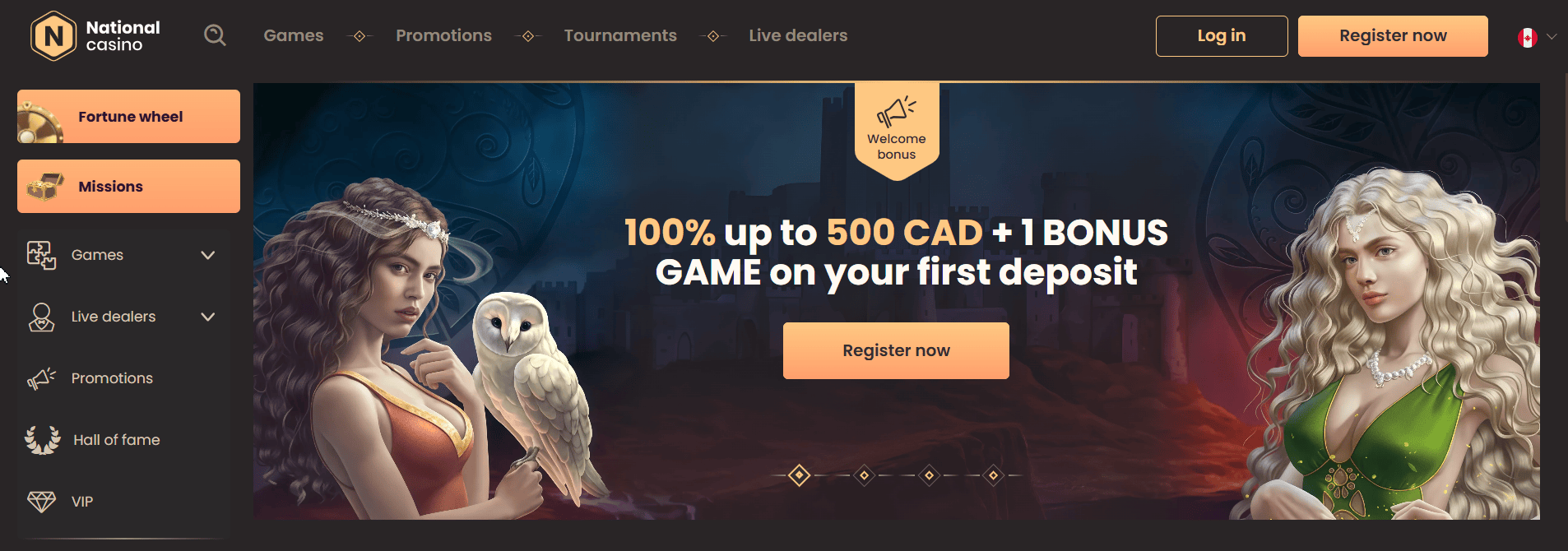 National Casino welcome bonus banner with 100% up to 500 CAD and bonus game