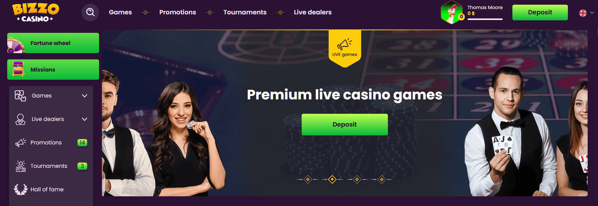 Bizzo Casino homepage with live casino games section and green deposit button