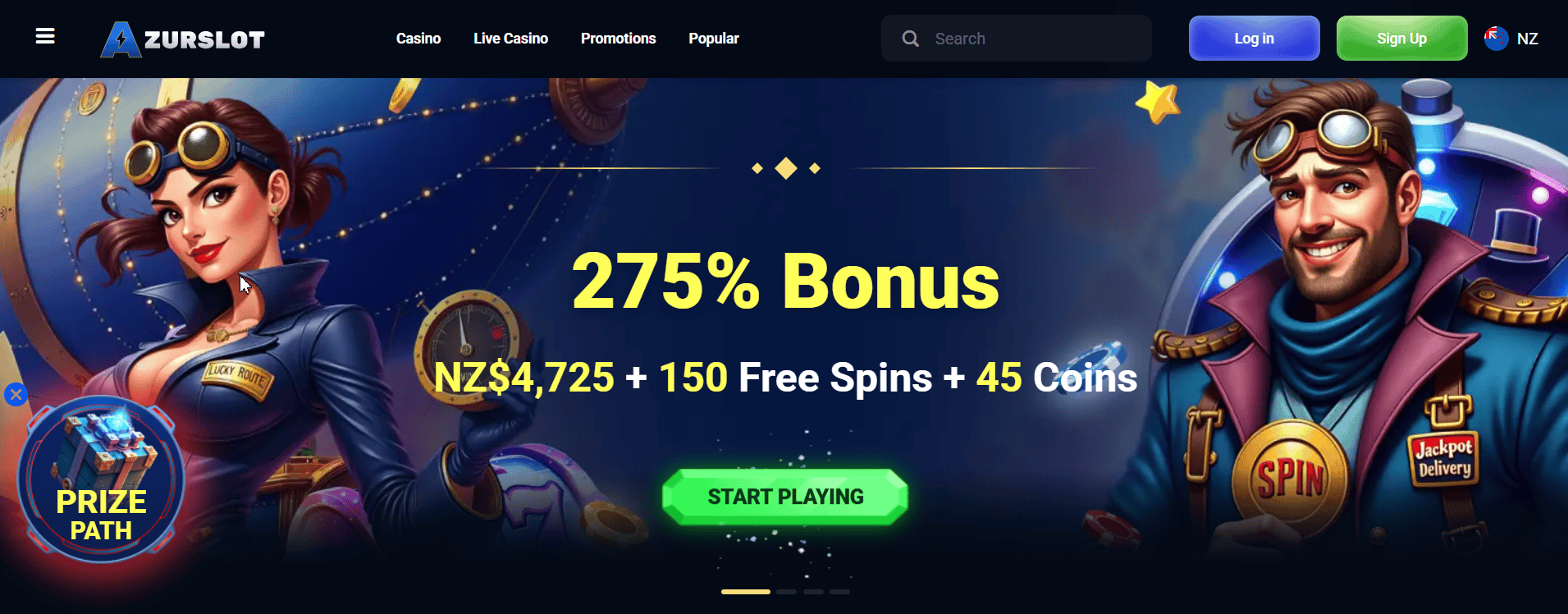 Azurslot online casino NZ welcome bonus screen showing 275 percent bonus NZD 4725 with free spins and coins