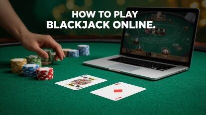 How to play blackjack online — laptop with virtual casino table, chips, and winning hand Ace and King on green felt background.