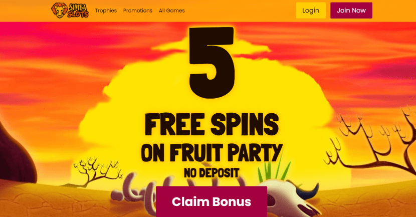 Simba Slot 5 Free Spins No Deposit Bonus offer