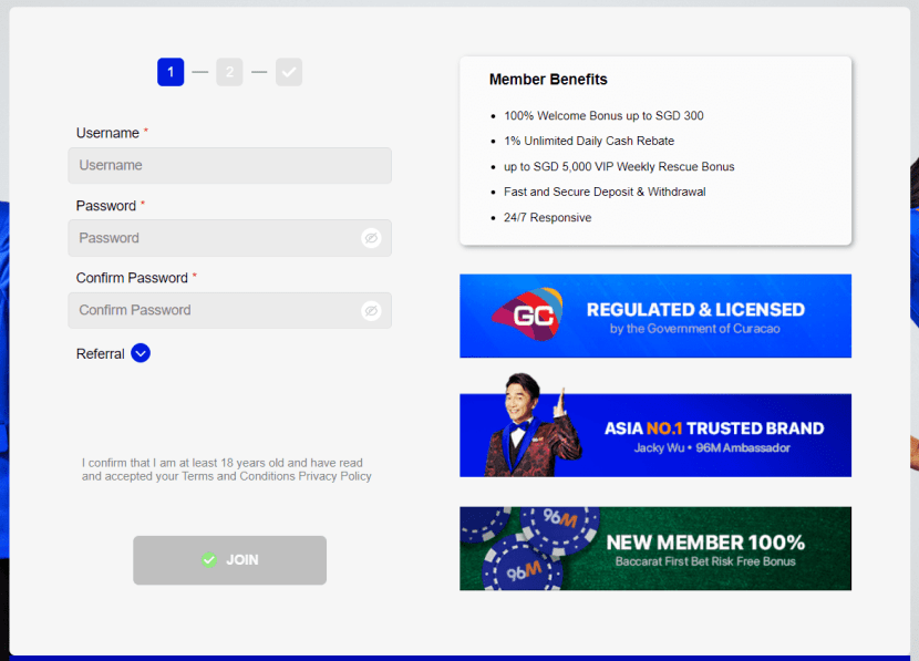 96M Casino: registration process - step #2